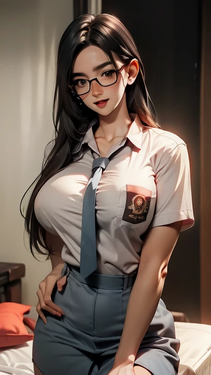 Surrealism, High Detail, Movie Lighting, Ray Tracing, First Perspective, Eye level shot, Ultra HD, masterpiece, White skin, 4K, best quality，one person，long black hair, wearing glasses,blushing,Open your mouth.，With eyes closed，Wear a sexy shirt，on the bed，moan