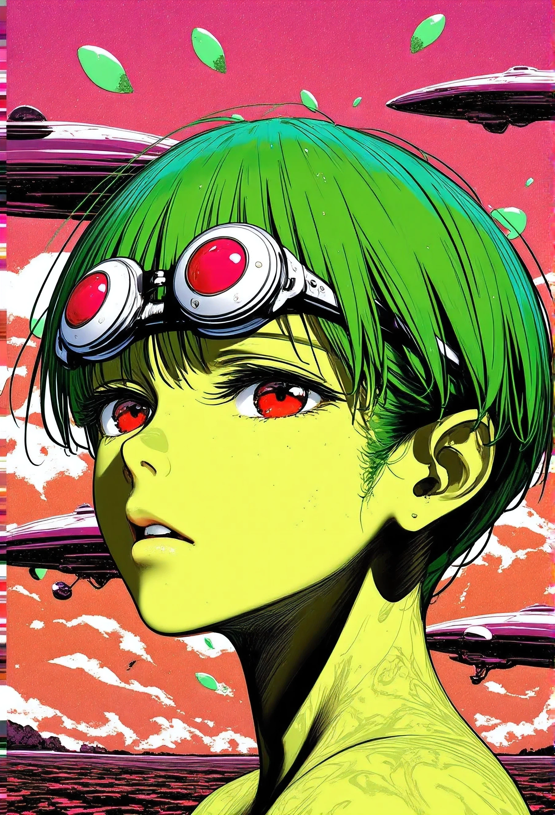 ((best quality)), ((masterpiece)), (detailed), perfect face of cyberpunk mecha japanese girl, neon pink eyes, neon green body, neon green hair, ((monochromatic neon pink, yellow, and green color palette)), surreal, art nouveau, in the illustrative style of moebius, spaceships, aliens, fantasy, sci-fi, graphic novel, line drawing, french retro, bizarre, gallery worthy, work of uncanny art,