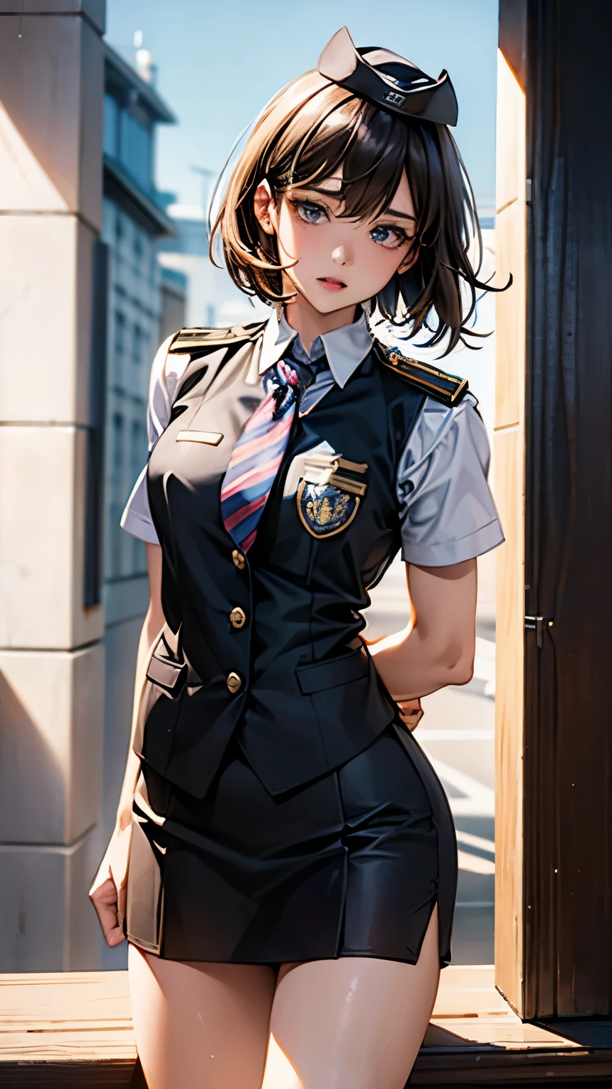 Arafed woman in uniform posing in front of a window - SeaArt AI