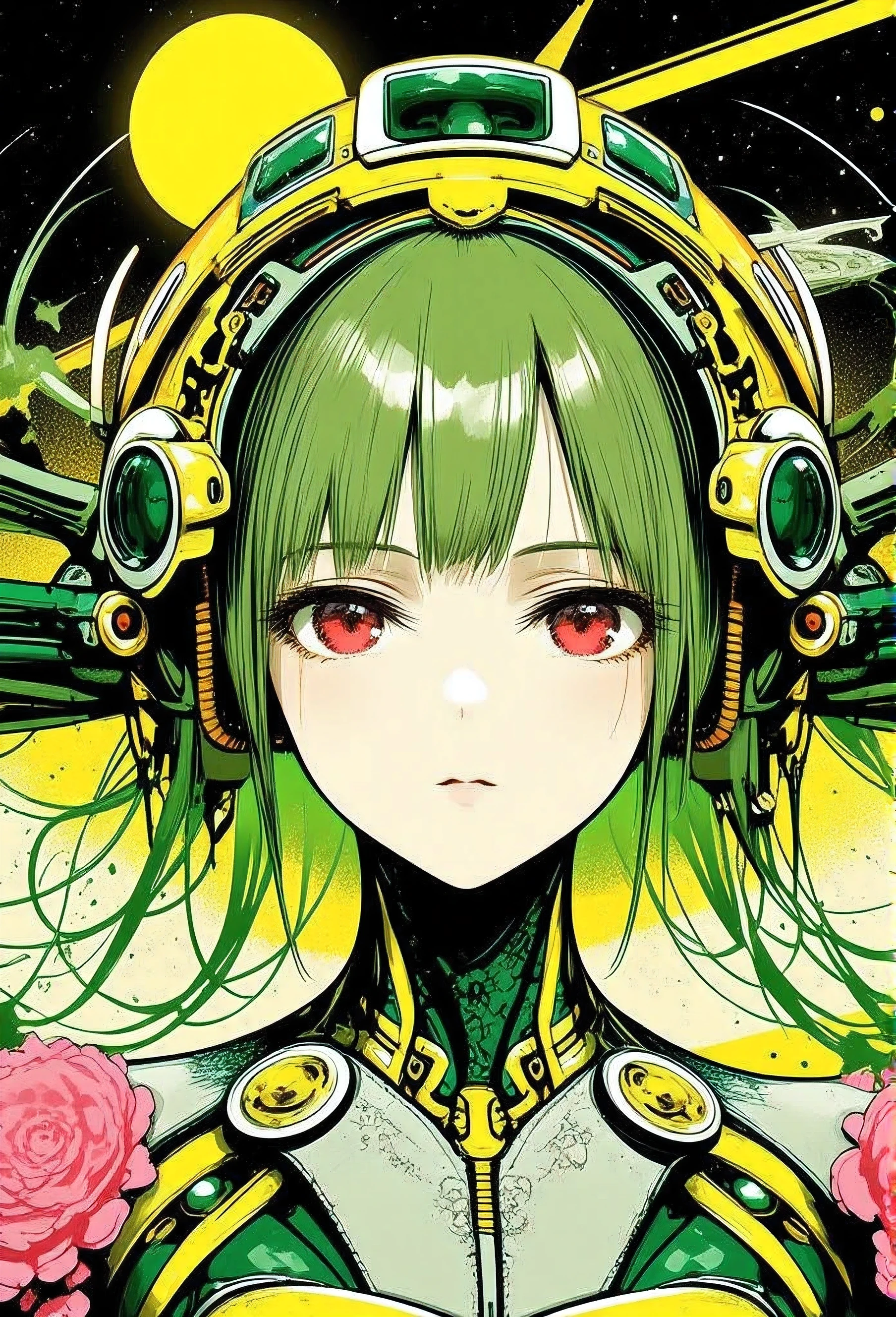 ((best quality)), ((masterpiece)), (detailed), perfect face of cyberpunk mecha japanese girl, neon pink eyes, neon green body, neon green hair, ((monochromatic neon pink, yellow, and green color palette)), surreal, art nouveau, in the illustrative style of moebius, spaceships, aliens, fantasy, sci-fi, graphic novel, line drawing, french retro, bizarre, gallery worthy, work of uncanny art,