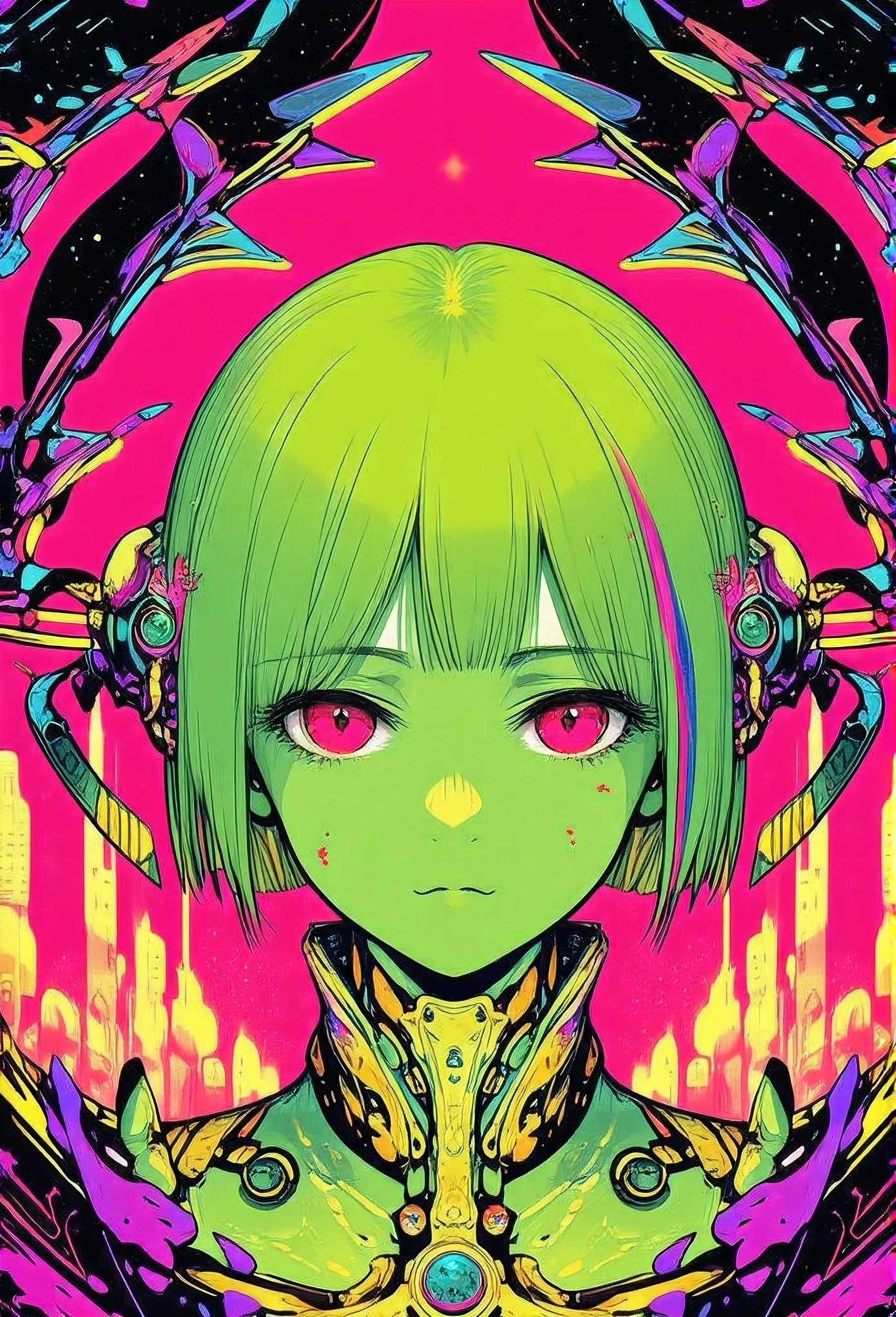 ((best quality)), ((masterpiece)), (detailed), perfect face of cyberpunk mecha japanese girl, neon pink eyes, neon green body, neon green hair, ((monochromatic neon pink, yellow, and green color palette)), surreal, art nouveau, in the illustrative style of moebius, spaceships, aliens, fantasy, sci-fi, graphic novel, line drawing, french retro, bizarre, gallery worthy, work of uncanny art,