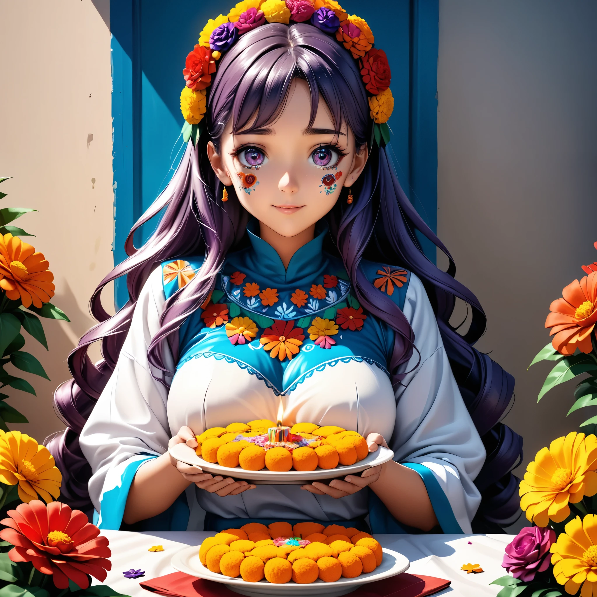 Masterpiece, 4k, HDR, full HD, (best quality), (ultra detailed), (only), (extremely delicate and beautiful fabric), super complex ANIME TYPE, best quality, 1girl, very expressive eyes, deep purple hair , hyper beautiful face, purple hair, perfect anatomy, shiny, oily skin, full body, alone (shiny purple hair, long hair), looking at viewer, bright blue eyes, perfect hands, perfect legs, super detailed clothes, intricate clothes, Describe a vibrant scene featuring a young girl participating in the Día de Muertos celebration in Mexico.She wears a beautifully embroidered traditional dress adorned with colorful patterns and intricate details.Her face is painted with intricate calavera designs, showcasing bright colors that reflect the festive spirit.Surround her with a lively altar filled with marigolds, sugar skulls, and photographs of loved ones who have passed away.Capture the essence of the celebration with music in the air, families gathering, and the scent of traditional foods wafting around.Highlight her emotions as she engages in this cultural tradition, expressing joy and remembrance, embodying the spirit of the holiday. There are decorations with the cempasuchil leaf,