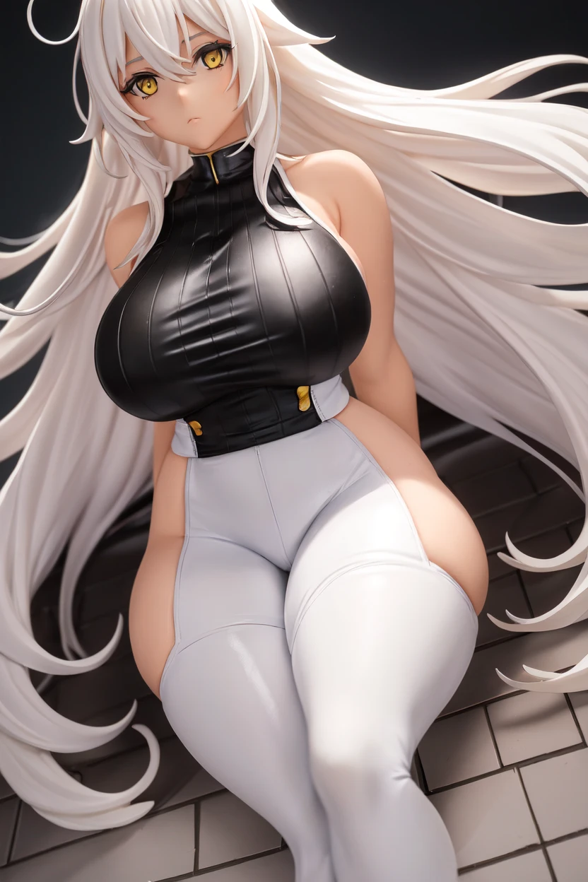 masterpiece, high quality, high detail, 4k, rtx, high resolution,1girl, blue_streaked_hair,hair_over_one_eye, blue_eyes,very long hair,braid,white hair_ornament,white skin,black nail_polish, solo,long sleeves,((white bandeau:1.3)), strapless, microskirt,thighhighs,thighs,: o,cute face,(pov:1.2),(facing viewer:1.2),(Well-shaped and firm huge breasts, developed huge breasts:1.2),(underboob:1.2),bursting breasts,happy,stomach, navel,aged_down,(on side:1.2),sitting,arm support, yokozuwari,on bed