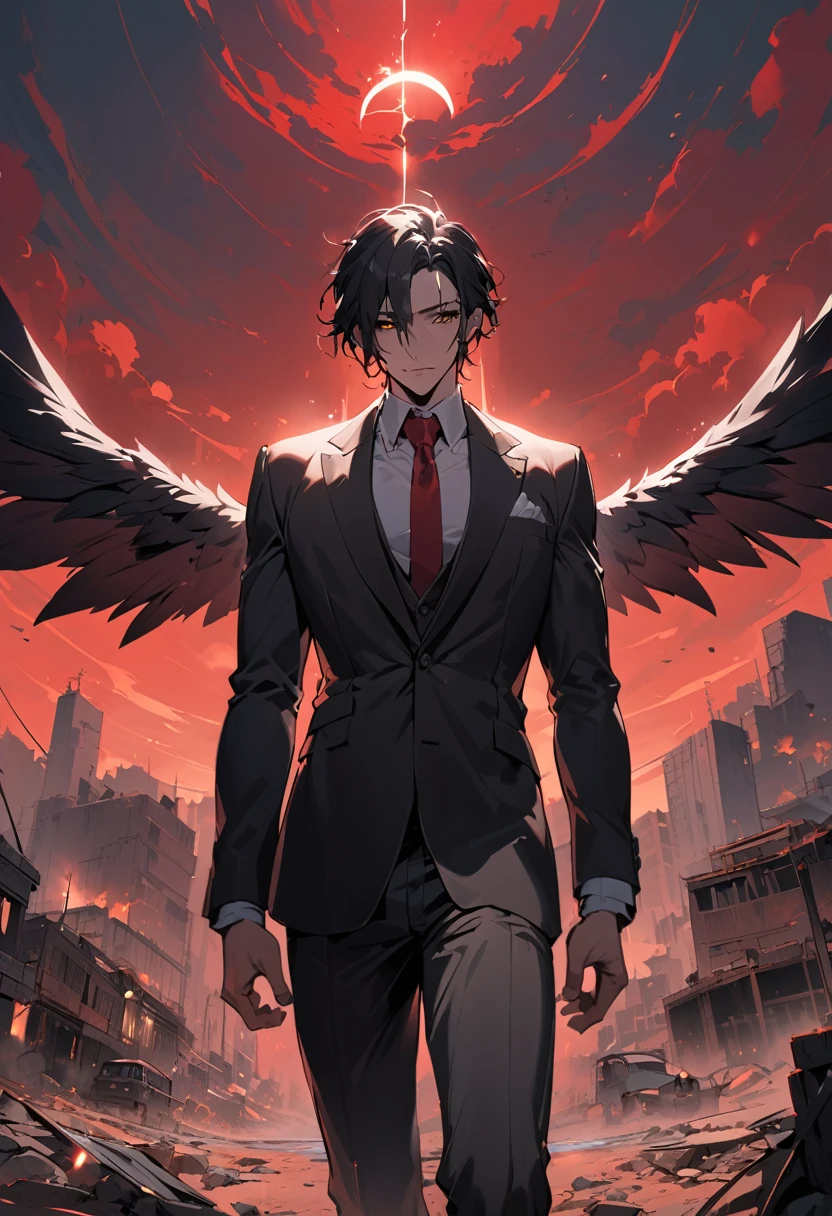 (masterpiece, best quality, ultra-detailed:1.2), post-apocalyptic atmosphere, illustration, dramatic lighting, red sky, cinematic, 35 years old, black wings, a man, a fallen angel, not so long black hair, eyes with yellow pupils with black sclera, wearing a suit, on his forehead a diadem, the mark of a tattoo goes down from his right cheek to his neck, the expression is cold, deep and enigmatic, teeth clenched, whole body