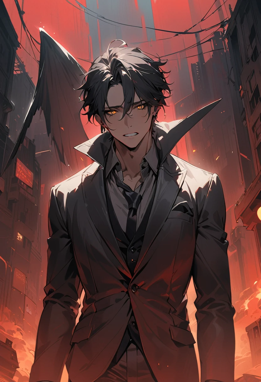 (masterpiece, best quality, ultra-detailed:1.2), post-apocalyptic atmosphere, illustration, dramatic lighting, red sky, cinematic, 35 years old, black wings, a man, a fallen angel, not so long black hair, eyes with yellow pupils with black sclera, wearing a suit, on his forehead a diadem, the mark of a tattoo goes down from his right cheek to his neck, the expression is cold, deep and enigmatic, teeth clenched, whole body