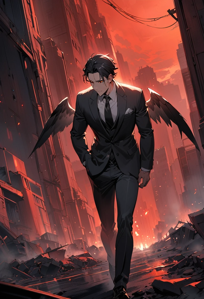 (masterpiece, best quality, ultra-detailed:1.2), post-apocalyptic atmosphere, illustration, dramatic lighting, red sky, cinematic, 35 years old, black wings, a man, a fallen angel, not so long black hair, eyes with yellow pupils with black sclera, wearing a suit, on his forehead a diadem, the mark of a tattoo goes down from his right cheek to his neck, the expression is cold, deep and enigmatic, teeth clenched, whole body