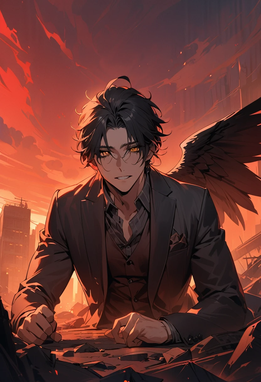 (masterpiece, best quality, ultra-detailed:1.2), post-apocalyptic atmosphere, illustration, dramatic lighting, red sky, cinematic, 35 years old, black wings, a man, a fallen angel, not so long black hair, eyes with yellow pupils with black sclera, wearing a suit, on his forehead a diadem, the mark of a tattoo goes down from his right cheek to his neck, the expression is cold, deep and enigmatic, teeth clenched, whole body