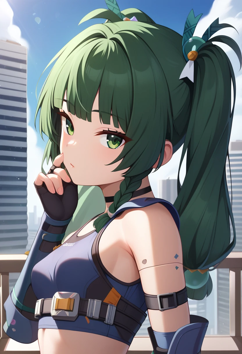 (master piece), (best quality), (8k), (ultra high resolution), (highest quality), (anime style), (best writing), (beautiful face), (masterpiece), (highest quality), (detailed beautiful face and eyes), (textile shading), (upper body), (city), 1girl, solo, kochiya sanae, 1girl, qingyi, green eyes, green hair, very long hair, twintails, blunt bangs, hair bobbles, side braids, hair ornament, robot joints, fingerless gloves, black shorts, navel, choker, crop top, knee pads, elbow gloves, black sneakers, gauntlets, small breasts, beautiful breasts, expressionless, hand in own hair, from side,,