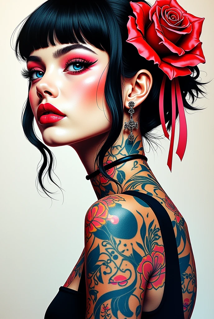 巨作, The best quality, Ultra-high resolution, beautfull woman, Elegance, Elegance, Award-winning art, a woman with many tattoos, beautiful portraits, Half naked, in travis charest style, Red lips, Silence in chaos, model posture in fashion shows, Blue eyes, Red lips, Dark theme, visual shock, Gorgeous