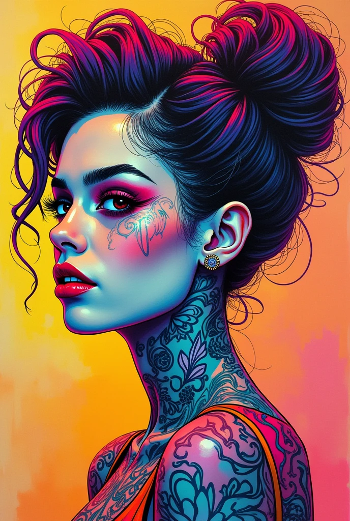 infp woman(perfect anatomy), Beautiful firm round busts, perfect busts, full Body neon  tattoo with neon pop designs drawn directly all over the body, random shapes,bold medium, neon Pop Art Design, Cutting-edge fashion, Innovative, The center of attention,Japanese prefecture, new york, Special laser art design, -motto,against a complex Background, --niji 50 --chaos 30 --testpfx 
