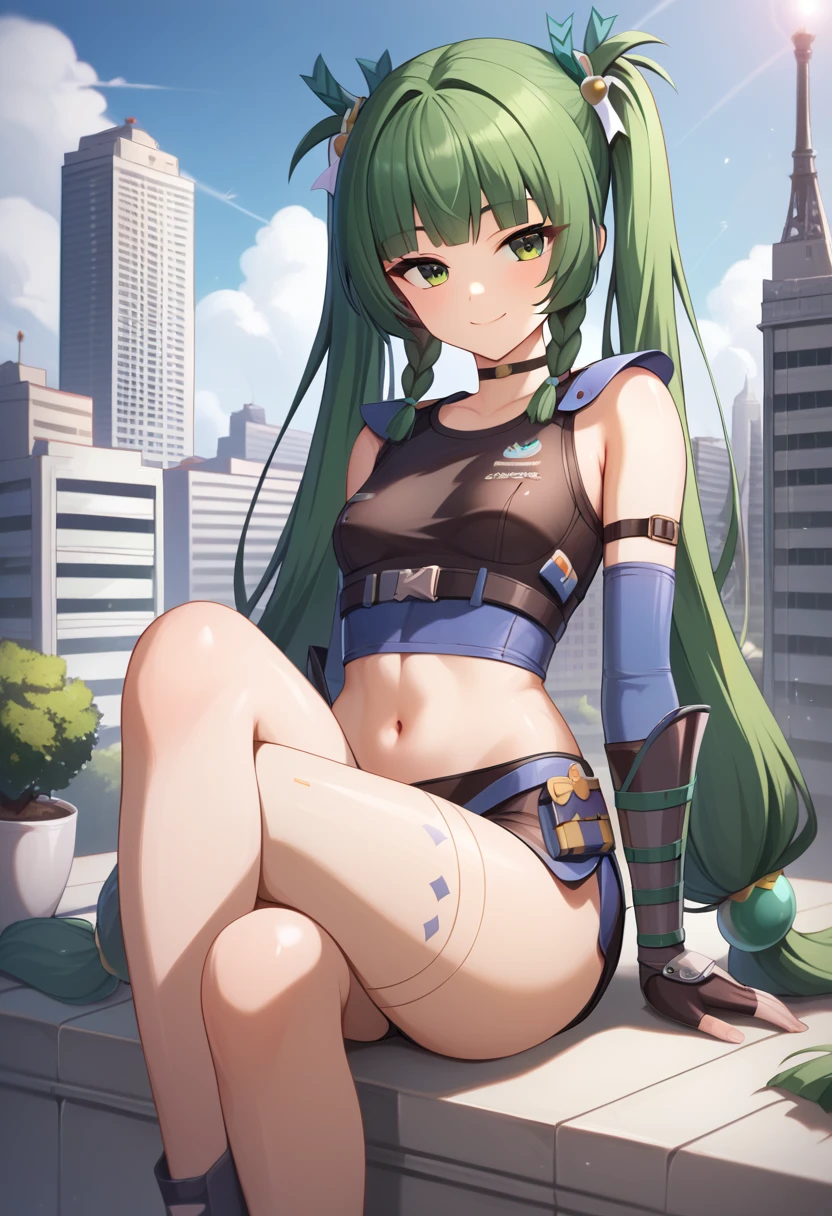 (master piece), (best quality), (8k), (ultra high resolution), (highest quality), (anime style), (best writing), (beautiful face), (masterpiece), (highest quality), (detailed beautiful face and eyes), (textile shading), (cowboy shot), (city), 1girl, solo, kochiya sanae, 1girl, qingyi, green eyes, green hair, very long hair, twintails, blunt bangs, hair bobbles, side braids, hair ornament, robot joints, fingerless gloves, black shorts, navel, choker, crop top, knee pads, elbow gloves, black sneakers, gauntlets, small breasts, beautiful breasts, smile, sitting, crossed legs,,