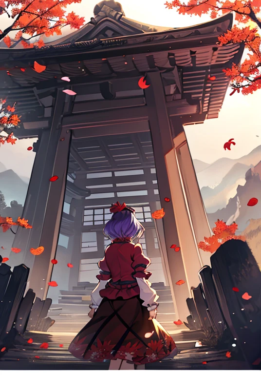 1girl, yasaka kanako (touhou), red eyes, short hair, purple hair, red shirt, long sleeves, puffy short sleeves, short over long sleeves, long skirt, black skirt, brown skirt, red skirt, zouri, shimenawa, shide, tassel, leaf hair ornament, autumn leaves, ankleband, mirror, onbashira,