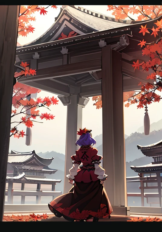 1girl, yasaka kanako (touhou), red eyes, short hair, purple hair, red shirt, long sleeves, puffy short sleeves, short over long sleeves, long skirt, black skirt, brown skirt, red skirt, zouri, shimenawa, shide, tassel, leaf hair ornament, autumn leaves, ankleband, mirror, onbashira,