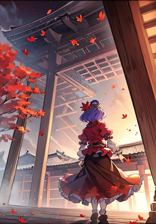 1girl, yasaka kanako (touhou), red eyes, short hair, purple hair, red shirt, long sleeves, puffy short sleeves, short over long sleeves, long skirt, black skirt, brown skirt, red skirt, zouri, shimenawa, shide, tassel, leaf hair ornament, autumn leaves, ankleband, mirror, onbashira,