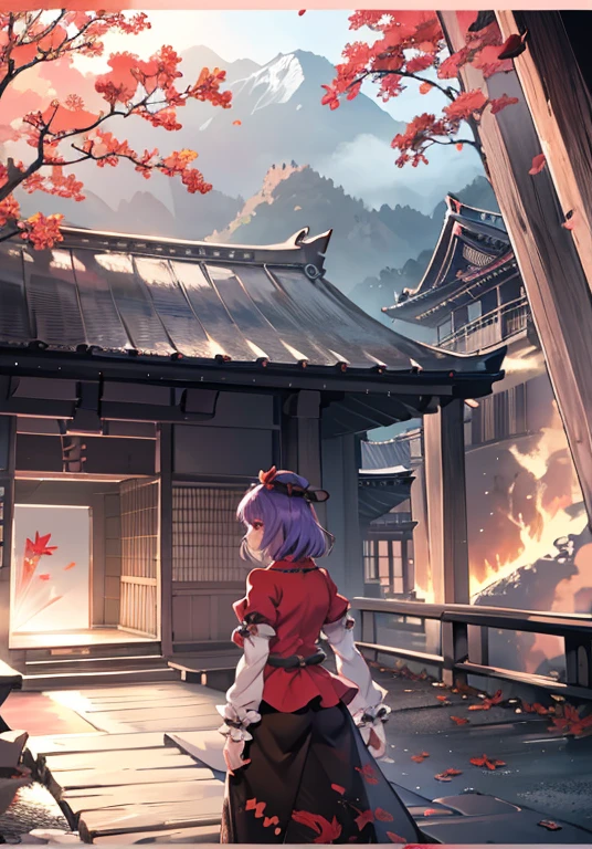 1girl, yasaka kanako (touhou), red eyes, short hair, purple hair, red shirt, long sleeves, puffy short sleeves, short over long sleeves, long skirt, black skirt, brown skirt, red skirt, zouri, shimenawa, shide, tassel, leaf hair ornament, autumn leaves, ankleband, mirror, onbashira, kawaiitech, pastel colors, kawaii, cute colors