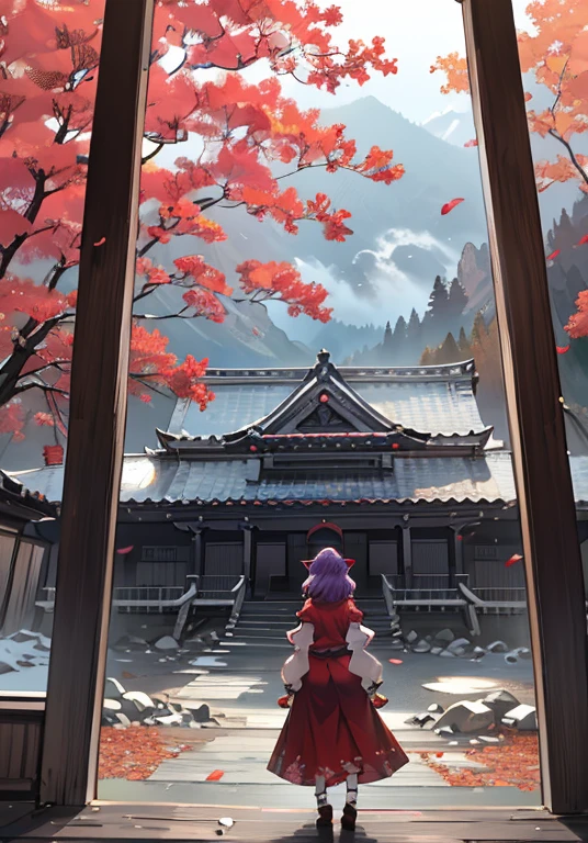 1girl, yasaka kanako (touhou), red eyes, short hair, purple hair, red shirt, long sleeves, puffy short sleeves, short over long sleeves, long skirt, black skirt, brown skirt, red skirt, zouri, shimenawa, shide, tassel, leaf hair ornament, autumn leaves, ankleband, mirror, onbashira, kawaiitech, pastel colors, kawaii, cute colors