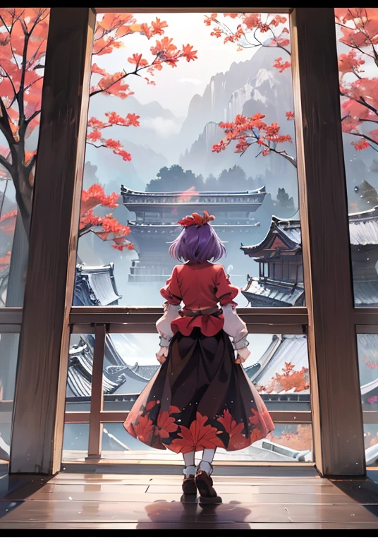 1girl, yasaka kanako (touhou), red eyes, short hair, purple hair, red shirt, long sleeves, puffy short sleeves, short over long sleeves, long skirt, black skirt, brown skirt, red skirt, zouri, shimenawa, shide, tassel, leaf hair ornament, autumn leaves, ankleband, mirror, onbashira, kawaiitech, pastel colors, kawaii, cute colors