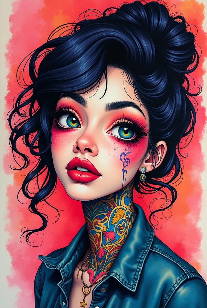  Surrealist Ink Paintings ，Colorful, illustration,1 mature woman , Fashionable Hairstyle, Decorative Art,Neon,laser,Fireworks Tattoo, Custom shop,  Absurd Elements in Ross Tran Style, Intense gaze,（Best quality，masterpiece：1.2，Details，4K）