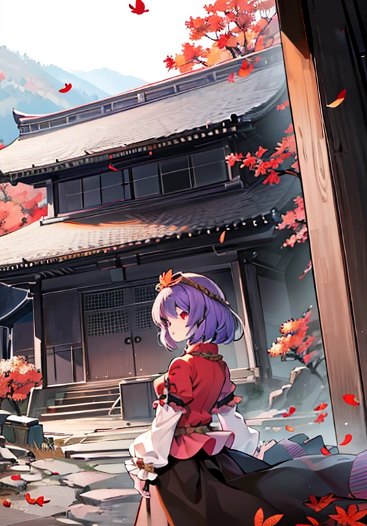 1girl, yasaka kanako (touhou), red eyes, short hair, purple hair, red shirt, long sleeves, puffy short sleeves, short over long sleeves, long skirt, black skirt, brown skirt, red skirt, zouri, shimenawa, shide, tassel, leaf hair ornament, autumn leaves, ankleband, mirror, onbashira, kawaiitech, pastel colors, kawaii, cute colors