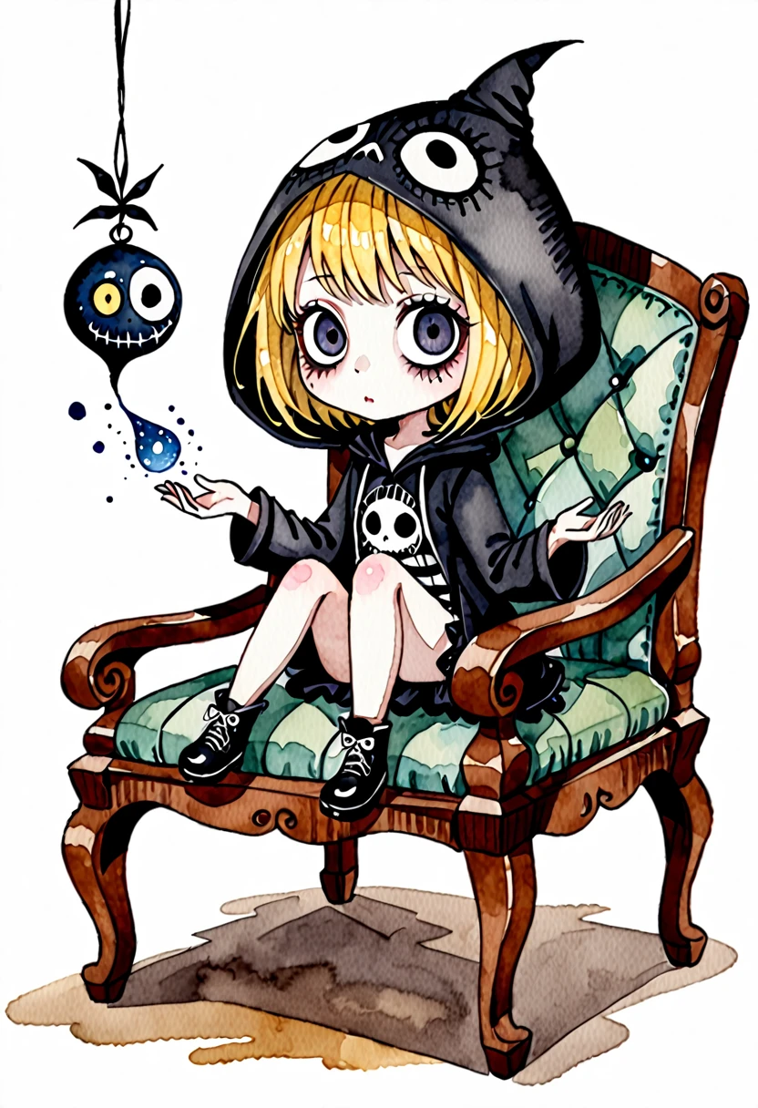 bags under eyes,1 , chibi,hood, short cut,bags under eyes, small girlibi,hood,Tim Burton Style,watercolor , yellow hair,sitting on the chair, spell magic but falied