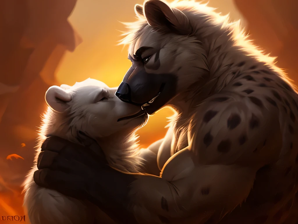 a giant hyena father holding a white-furred polar bear cub in a paternal manner, romantic, duo, by darkgem, detailed hyena and polar bear features, beautiful detailed eyes, extremely detailed fur, beautiful lighting, highly detailed, 8k, photorealistic, dramatic lighting, warm color palette, dramatic shadows, intricate textures, painterly style, cinematic composition, chubby, overweight, musclegut hyena, small polar bear, romântico, olhando nos olhos uns dos outros 