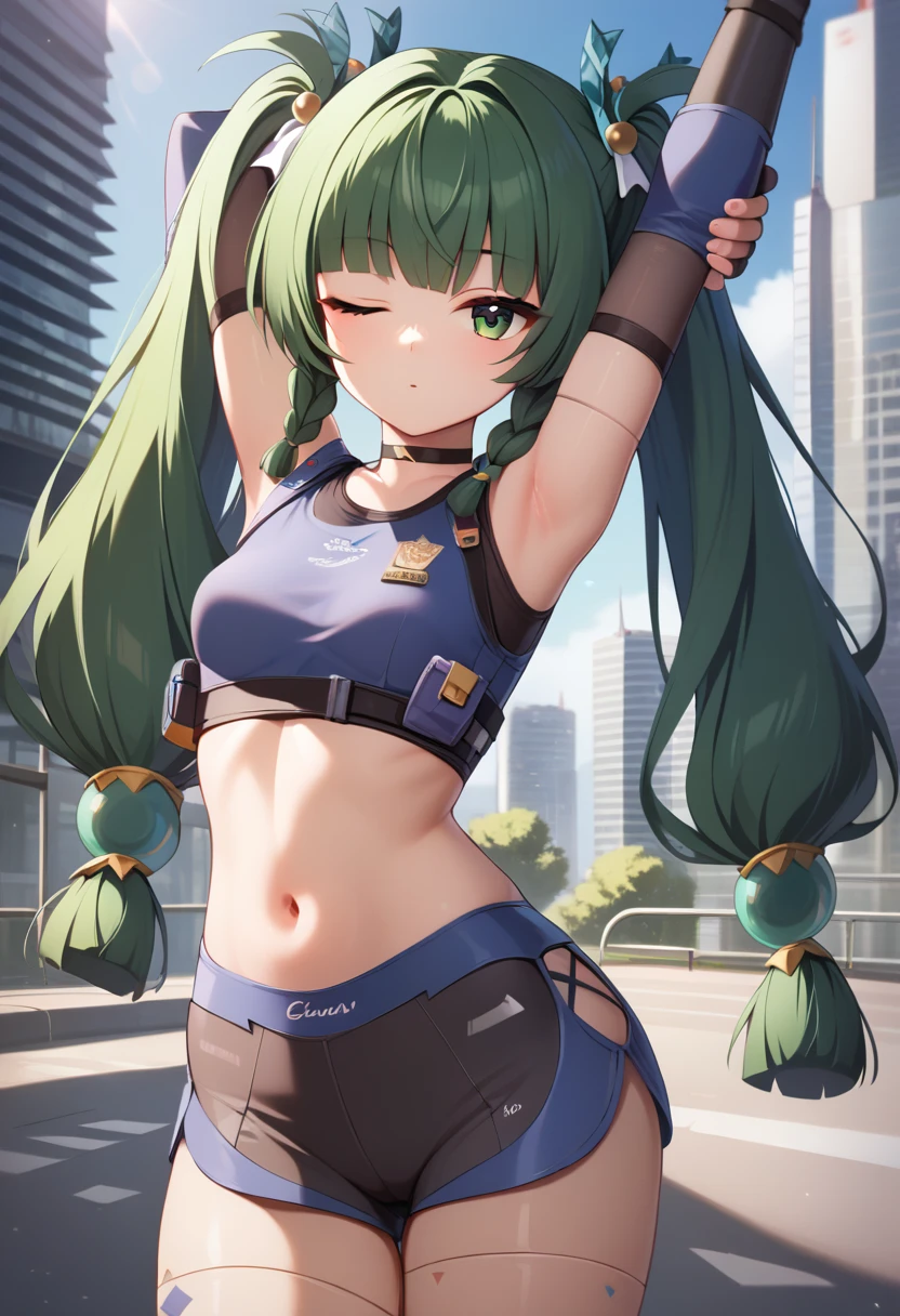 (master piece), (best quality), (8k), (ultra high resolution), (highest quality), (anime style), (best writing), (beautiful face), (masterpiece), (highest quality), (detailed beautiful face and eyes), (textile shading), (cowboy shot), (city), 1girl, solo, kochiya sanae, 1girl, qingyi, green eyes, green hair, very long hair, twintails, blunt bangs, hair bobbles, side braids, hair ornament, robot joints, fingerless gloves, black shorts, navel, choker, crop top, knee pads, elbow gloves, black sneakers, gauntlets, small breasts, beautiful breasts, expressionless, stretching, one eye closed,,