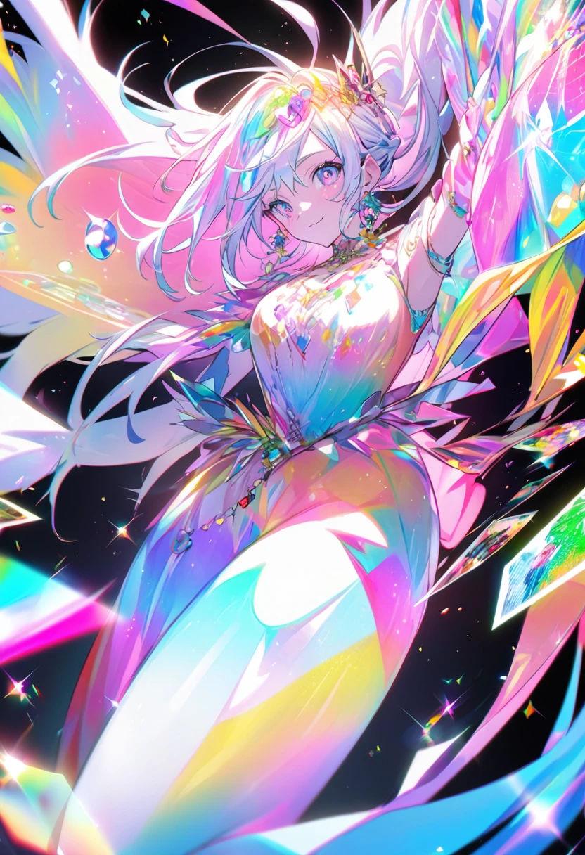 High quality holographic card depicting an anime style girl, I used glitter, mother-of-pearl, The card has a black background, Bright colors, Colorful