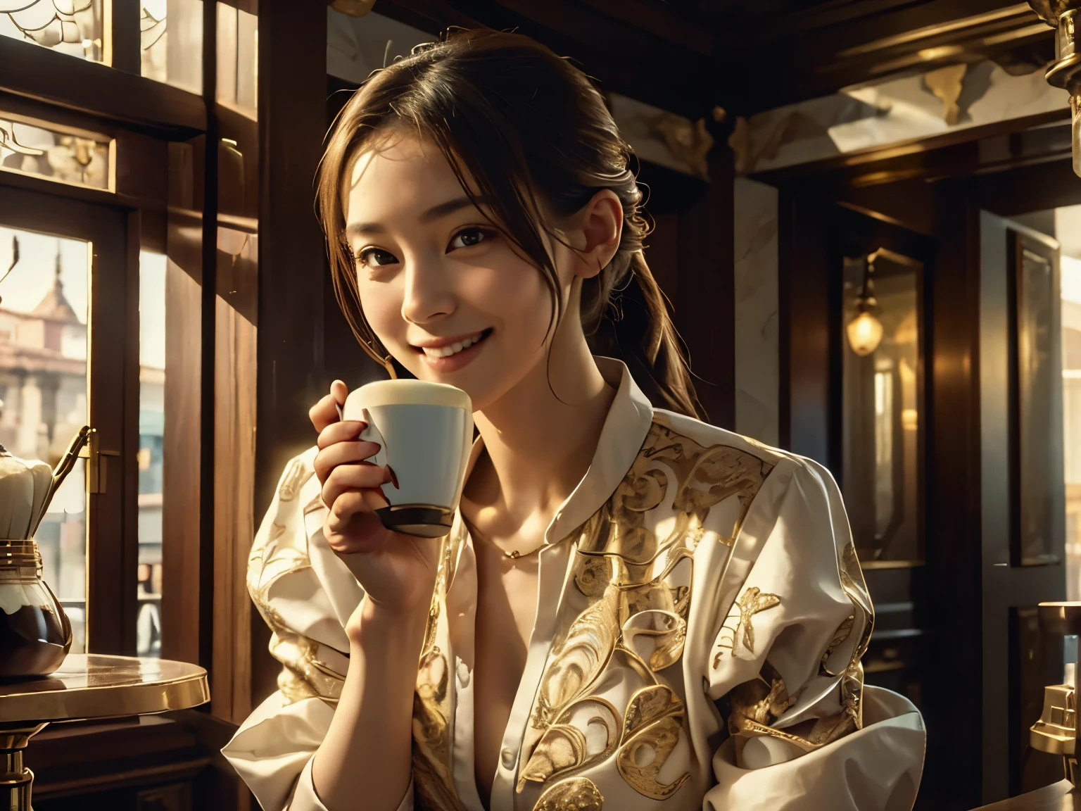 (1girl), 
((Woman making delicious coffee )),
(holds a coffee cup on one hand), 

Looking at the camera, 
Finish as shown in the photo, 
cinematic lighting,

(photo realistic:1.35),  masterpiece, best quality, CG, wallpaper, HDR, high quality, high-definition, extremely detailed, 

perfect face, beautiful face,
(kind smile), 
IvoryGoldAI, 

(Intricate details), (Subtle details), (Intricate details), 

