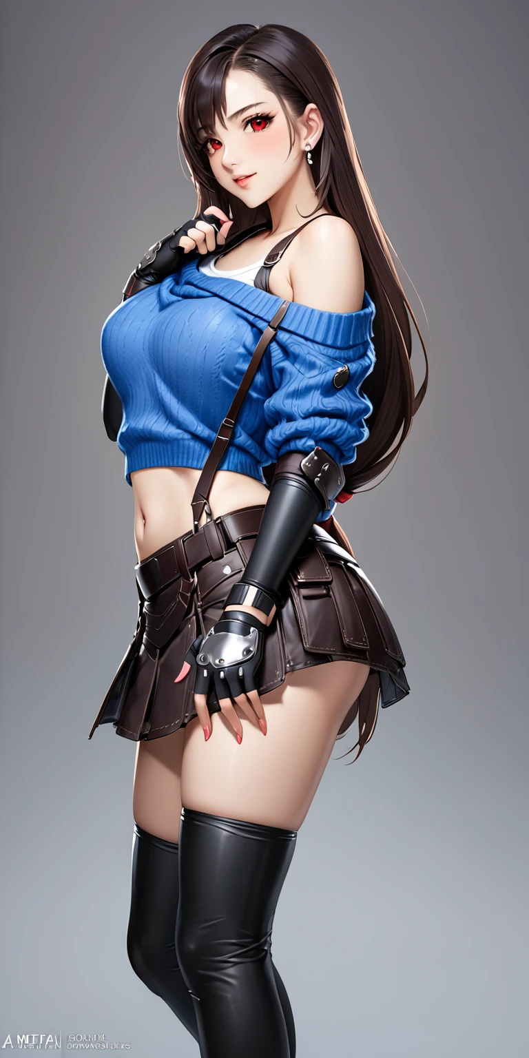 (masterpiece,Highest quality,Ultra-high resolution),(((A very beautiful girl))), age 16, metTifa, red eyes, low-tied long hair, earrings, cropped sweater, blue sweater, off-shoulder, midriff, short sleeves, suspender skirt, elbow gloves, fingerless gloves, armored legwear, seductive pose, sexy pose, blush, sexy smile