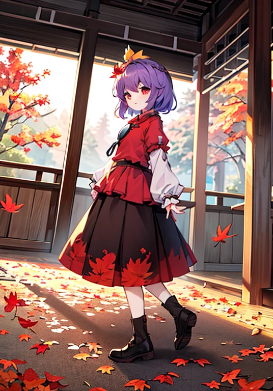 1girl, yasaka kanako (touhou), red eyes, short hair, purple hair, red shirt, long sleeves, puffy short sleeves, short over long sleeves, long skirt, black skirt, brown skirt, red skirt, zouri, shimenawa, shide, tassel, leaf hair ornament, autumn leaves, ankleband, mirror, onbashira, kawaiitech, pastel colors, kawaii, cute colors