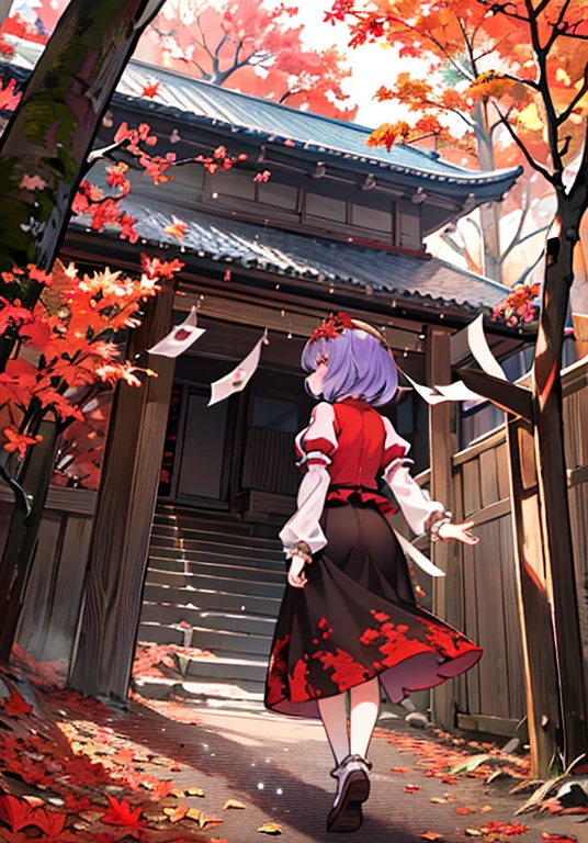 1girl, yasaka kanako (touhou), red eyes, short hair, purple hair, red shirt, long sleeves, puffy short sleeves, short over long sleeves, long skirt, black skirt, brown skirt, red skirt, zouri, shimenawa, shide, tassel, leaf hair ornament, autumn leaves, ankleband, mirror, onbashira, kawaiitech, pastel colors, kawaii, cute colors