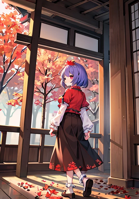 1girl, yasaka kanako (touhou), red eyes, short hair, purple hair, red shirt, long sleeves, puffy short sleeves, short over long sleeves, long skirt, black skirt, brown skirt, red skirt, zouri, shimenawa, shide, tassel, leaf hair ornament, autumn leaves, ankleband, mirror, onbashira, kawaiitech, pastel colors, kawaii, cute colors