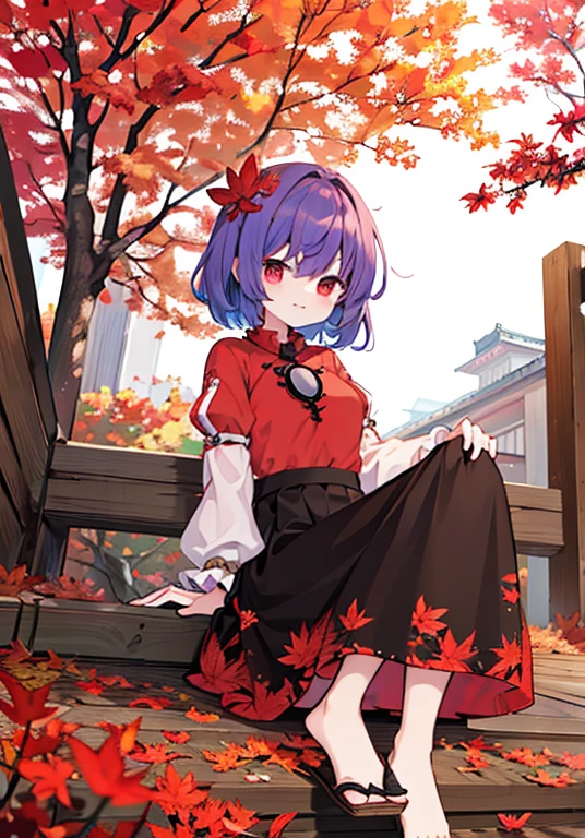 1girl, yasaka kanako (touhou), red eyes, short hair, purple hair, red shirt, long sleeves, puffy short sleeves, short over long sleeves, long skirt, black skirt, brown skirt, red skirt, zouri, shimenawa, shide, tassel, leaf hair ornament, autumn leaves, ankleband, mirror, onbashira, kawaiitech, pastel colors, kawaii, cute colors