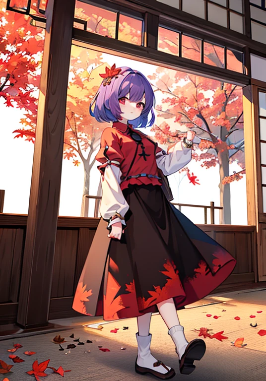 1girl, yasaka kanako (touhou), red eyes, short hair, purple hair, red shirt, long sleeves, puffy short sleeves, short over long sleeves, long skirt, black skirt, brown skirt, red skirt, zouri, shimenawa, shide, tassel, leaf hair ornament, autumn leaves, ankleband, mirror, onbashira, kawaiitech, pastel colors, kawaii, cute colors