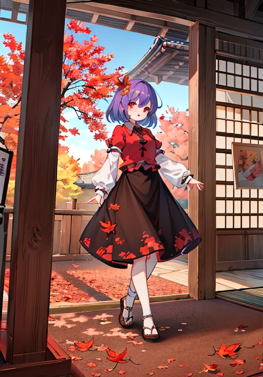 1girl, yasaka kanako (touhou), red eyes, short hair, purple hair, red shirt, long sleeves, puffy short sleeves, short over long sleeves, long skirt, black skirt, brown skirt, red skirt, zouri, shimenawa, shide, tassel, leaf hair ornament, autumn leaves, ankleband, mirror, onbashira, kawaiitech, pastel colors, kawaii, cute colors