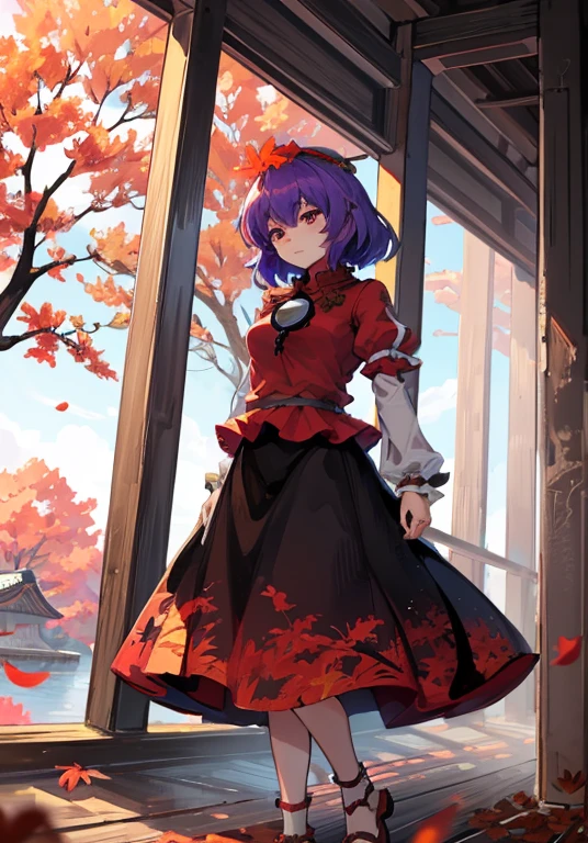 1girl, yasaka kanako (touhou), red eyes, short hair, purple hair, red shirt, long sleeves, puffy short sleeves, short over long sleeves, long skirt, black skirt, brown skirt, red skirt, zouri, shimenawa, shide, tassel, leaf hair ornament, autumn leaves, ankleband, mirror, onbashira, kawaiitech, pastel colors, kawaii, cute colors