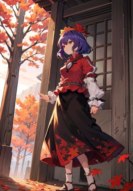 1girl, yasaka kanako (touhou), red eyes, short hair, purple hair, red shirt, long sleeves, puffy short sleeves, short over long sleeves, long skirt, black skirt, brown skirt, red skirt, zouri, shimenawa, shide, tassel, leaf hair ornament, autumn leaves, ankleband, mirror, onbashira, kawaiitech, pastel colors, kawaii, cute colors