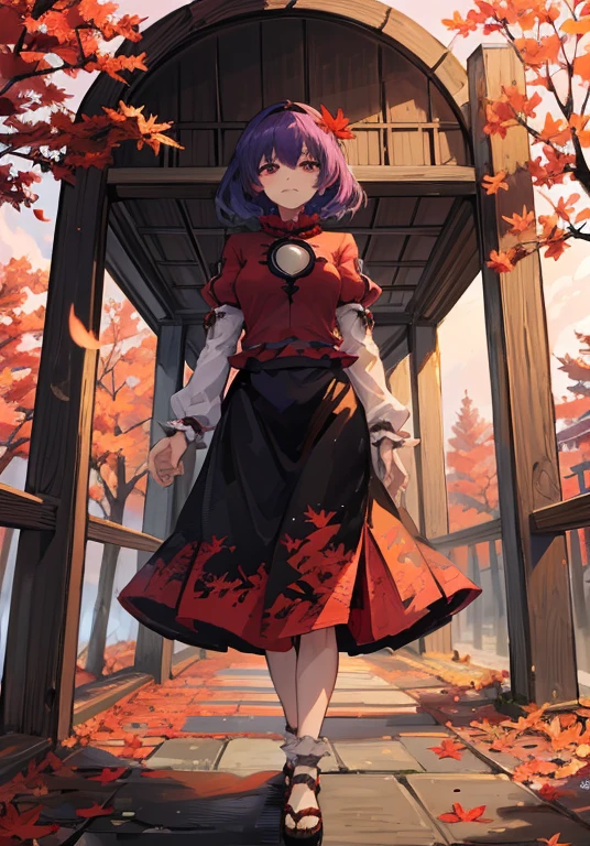 1girl, yasaka kanako (touhou), red eyes, short hair, purple hair, red shirt, long sleeves, puffy short sleeves, short over long sleeves, long skirt, black skirt, brown skirt, red skirt, zouri, shimenawa, shide, tassel, leaf hair ornament, autumn leaves, ankleband, mirror, onbashira, kawaiitech, pastel colors, kawaii, cute colors