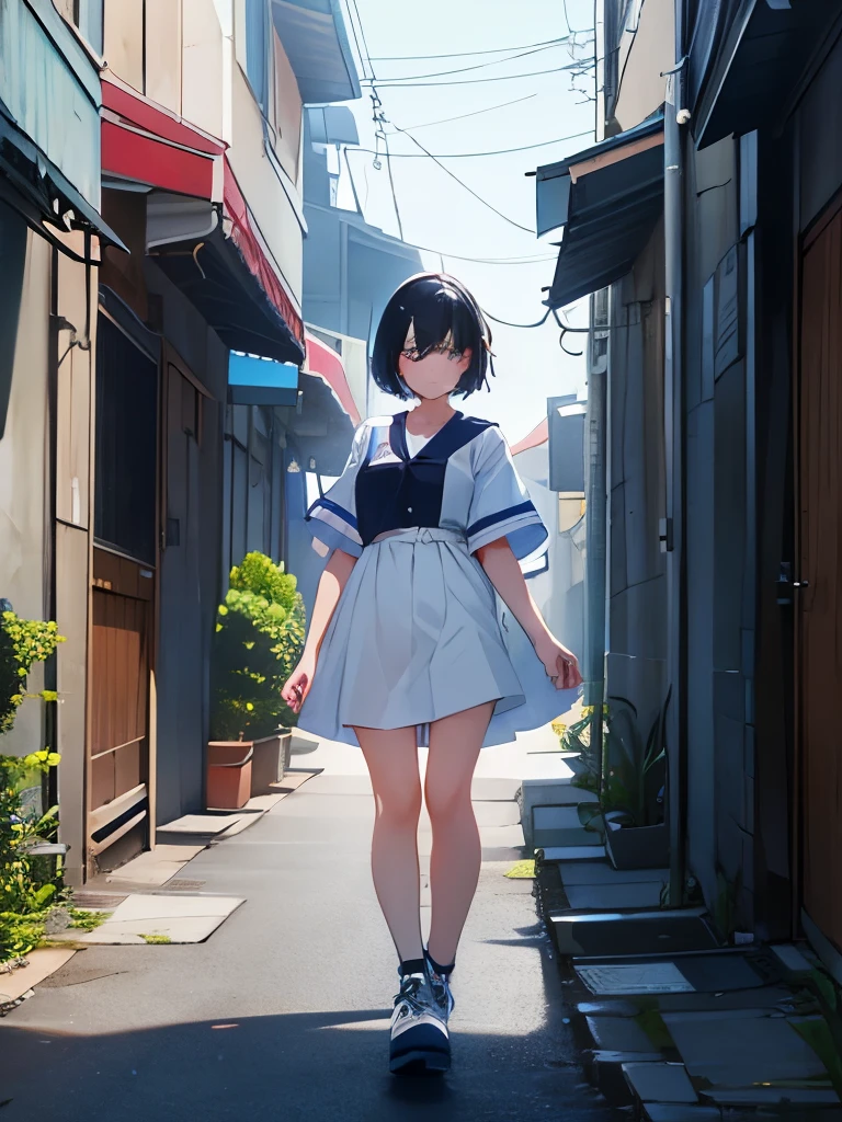 masterpiece。Illustration of a female idol。In a quiet alley。Punish the man who sexually harassed you with violence。Female idols are unfriendly、Bad mood、narrow, eyes turned upwards、blue-black hair、short hair、blows、Delicate、White platform shoes、elegant, low exposure summer outfit for women