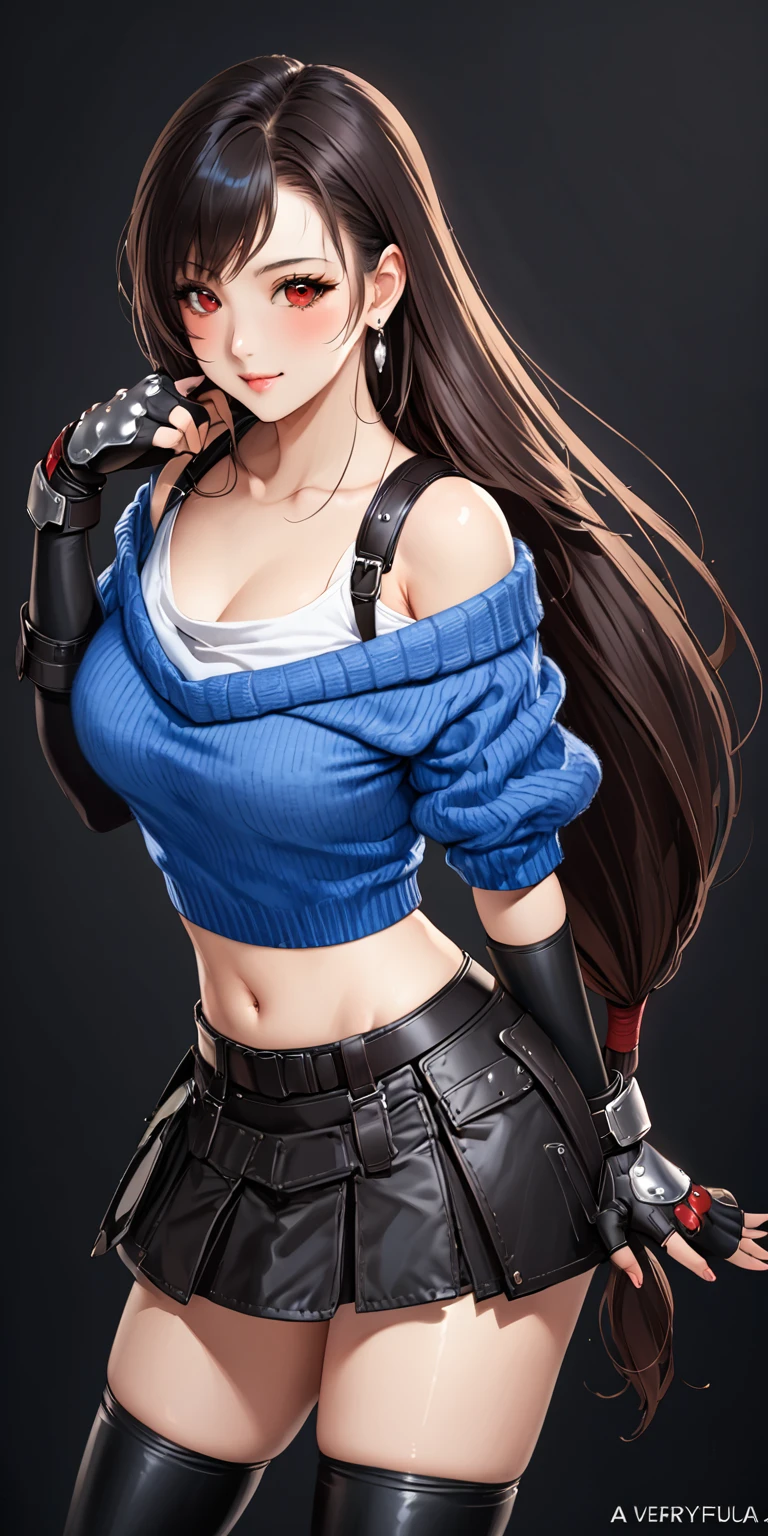 (masterpiece,Highest quality,Ultra-high resolution),(((A very beautiful girl))), , metTifa, red eyes, low-tied long hair, earrings, cropped sweater, blue sweater, off-shoulder, midriff, short sleeves, suspender skirt, elbow gloves, fingerless gloves, armored legwear, seductive pose, sexy pose, blush, sexy smile, hair blowing in the wind, steam:1.3, black background 