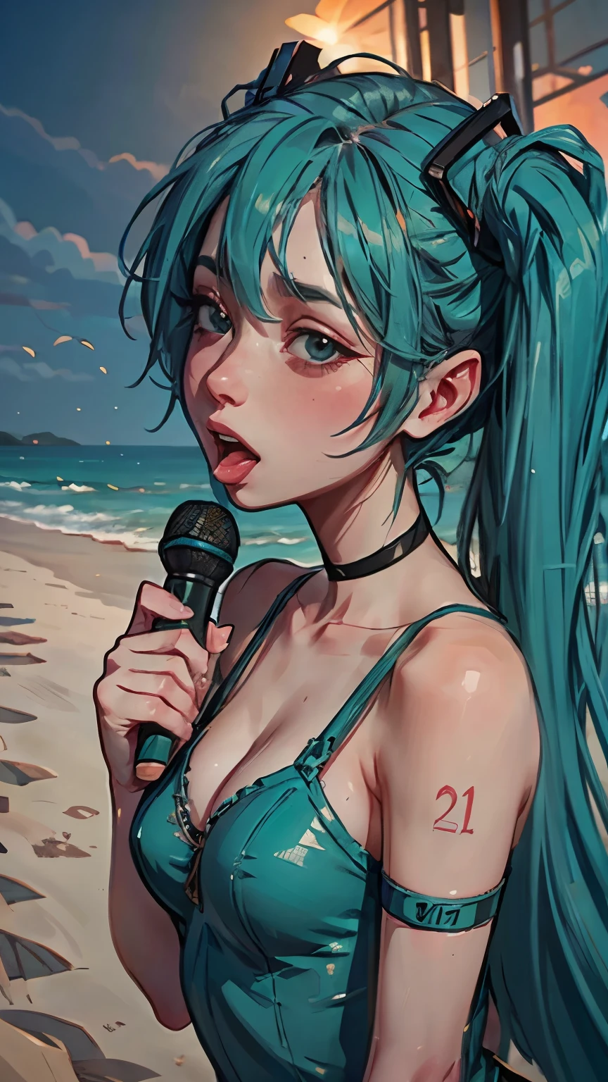 I like Hatsune Miku, beach stage, virtual singer, Hatsune Miku, Vocaloid, character voice, Hatsune Miku, singing at the summer sea, cinematic light, side light, sharp focus, beautiful details, detailed and delicate, detailed texture, realistic facial expressions, realistic and colorful, delicate,