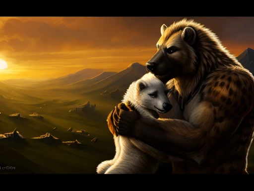 a giant hyena father holding a white-furred polar bear cub in a paternal manner, romantic duo, dark fantasy, highly detailed, 8k, hyper realistic, cinematic lighting, dramatic pose, masterpiece, award winning, artstation, dominante Gnoll em cima do pequeno e submisso urso polar