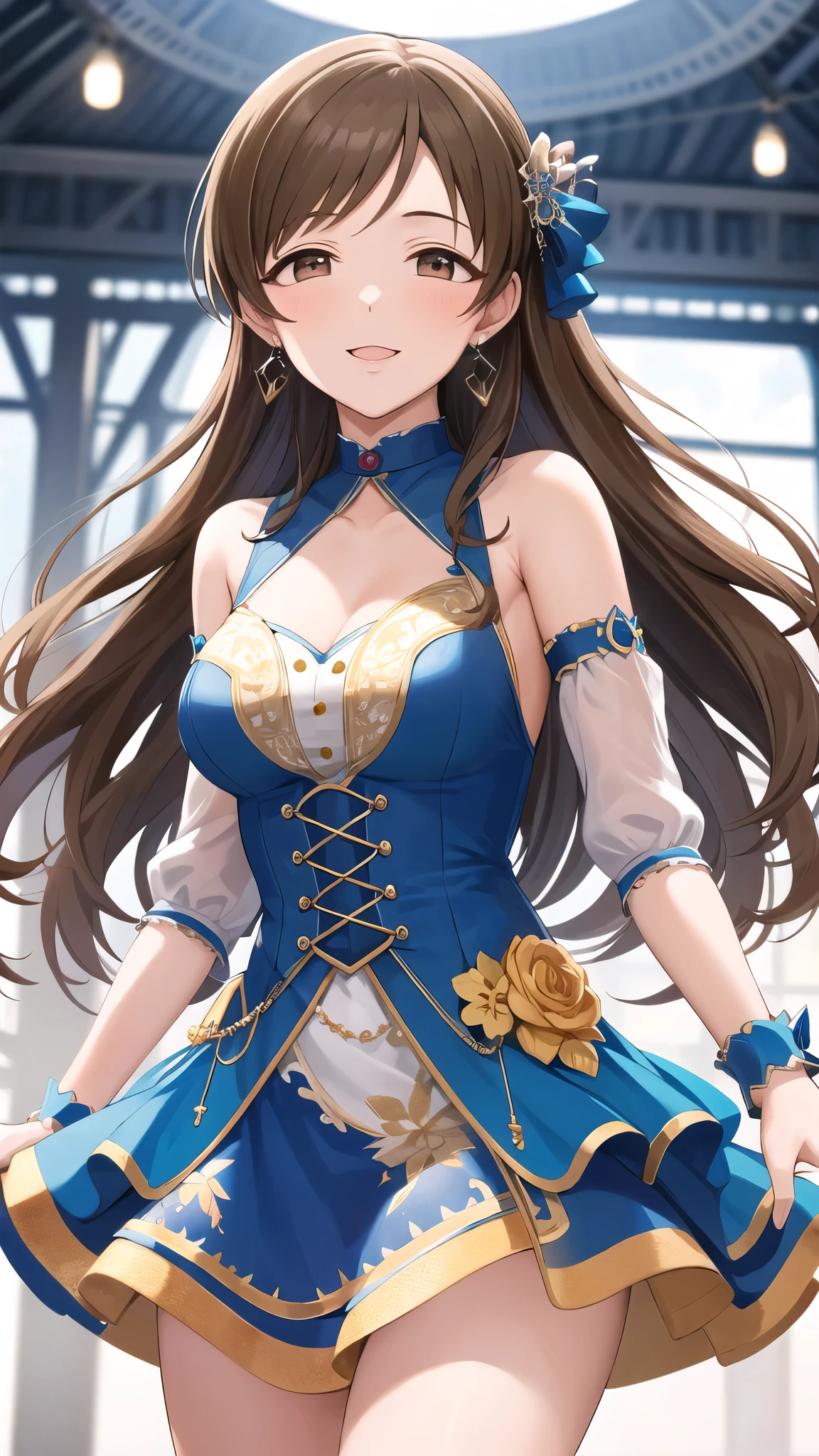 masterpiece, best quality, highres, aanitta, long hair, hair ornament, medium breasts, earrings, blue choker, idol clothes, blue dress, bare shoulders, sleeveless, wrist cuffs, detached sleeves, smile, standing, cowboy shot, idolmaster, arms at sides, straight-on,