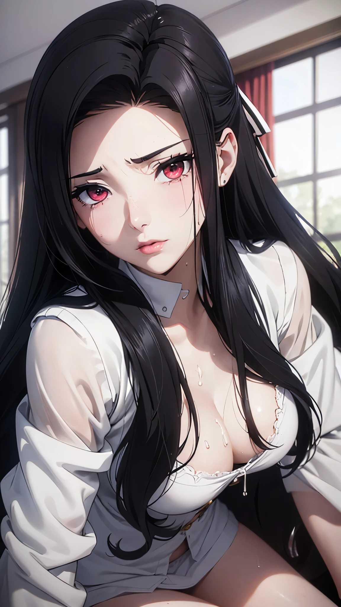 masterpiece, Best Quality, , Mayumi Saegusa,Mayumi Saegusa, iris, Red eyes, eyelash, Black Hair, Long Hair, back ribbon, high school uniform , Green jacket, cropped jacket , open jacket, Long sleeve, (masterpiece: 1.3), (Maximum resolution: 1.2), (Ultra HD TV: 1.2), Cinematic Light, 8k resolution, detailed facial features , (Sharp focus: 1.2), (Focus on the face:1.2), perfect style, Beautiful Face, Acura, anatomically correct , Highly Detailed Face and Skin Textures, beautiful eyes, beautiful eyes, Thin eyebrows, Natural Cheek, Glowing Skin, White skin: 1.2, (Glossy lips: 1.4),、 ( embarrassed look: 1.2), Highly Detailed Face and Skin Textures, Natural Cheek, , Glossy lips: 1.4, perfect style、、Soft Breasts、(Semen on chest:1.6)(Cum on thighs 1.5)、 Semen overflows、Drenched in sweat、Wet clothes、、A humiliating look、Anxious expression、Frightened expression、 embarrassed look、Glare、anger、sorrow、tears、(Open your knees:1.5)、(Spread your legs:1.5)、 White underwear、Wrinkled clothes、 Sweaty 、Thin underwear、18 years old, A clean-cut woman,1 person、Full body portrait、 Chest up, Black Hair、blue eyes、 beautiful eyes、Torn clothing、Dimly lit room、Look away、 and she's surrounded by completely naked men、She has an erect penis 、