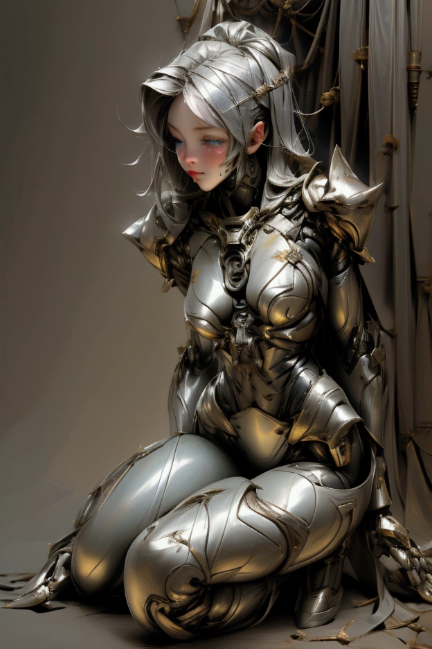 A rich and absurd girl doll made of insects Ruins light like rembrandt naked and wearing armor