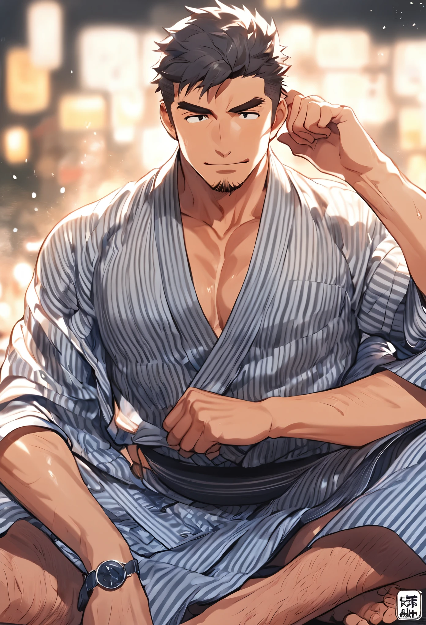 man, fit, goatee, brown hair, brown eyes, athletic, attractive, masterpiece, handsome, 8k, hi-resolution, best quality, Japanese, , white shirt, tough, fit, mullet, casual kimono shirt, muscular