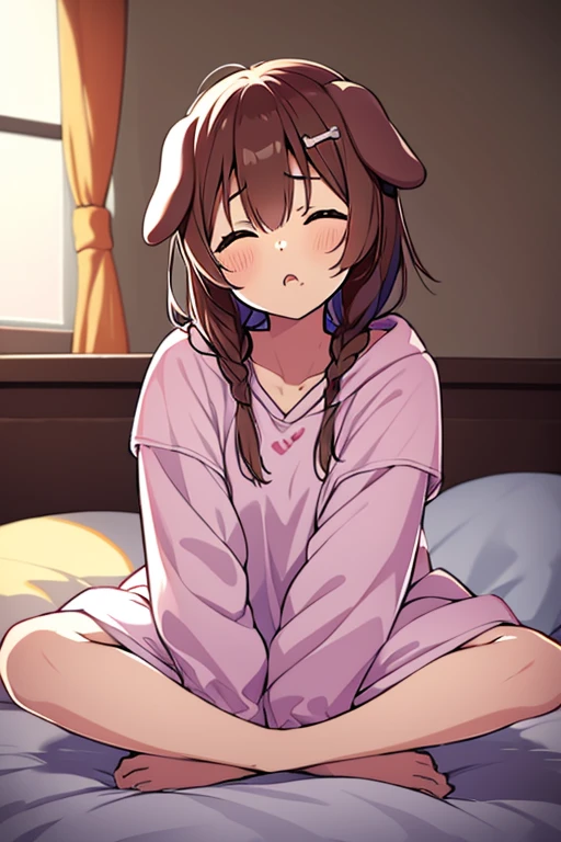 girl、solo、Waking upワイシャツ、Waking up、Yawning、 stretching、Sleepy face、Sluggish dog ears 、Eyes closed、cute、On the bed、Sitting