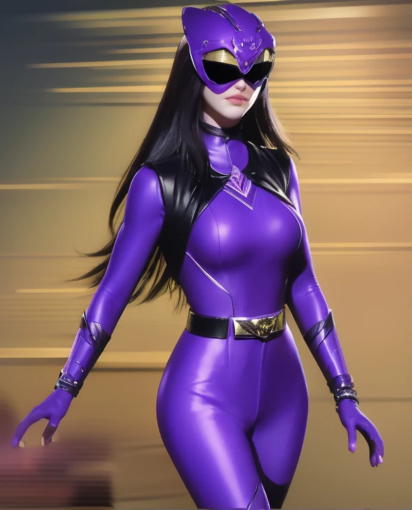 Full body 16k image of a woman/Kamen Rider/Batman/Mega Man-x.Unreal Engine 5, Disney/Anime style, Mortal Kombat Universe/Kamen Rider, she has long purple hair curly lizo, breasts1, huge, extremely tight clothing on the body, looking at the smiling viewer, holding futuristic weapons, on an empty subway train
