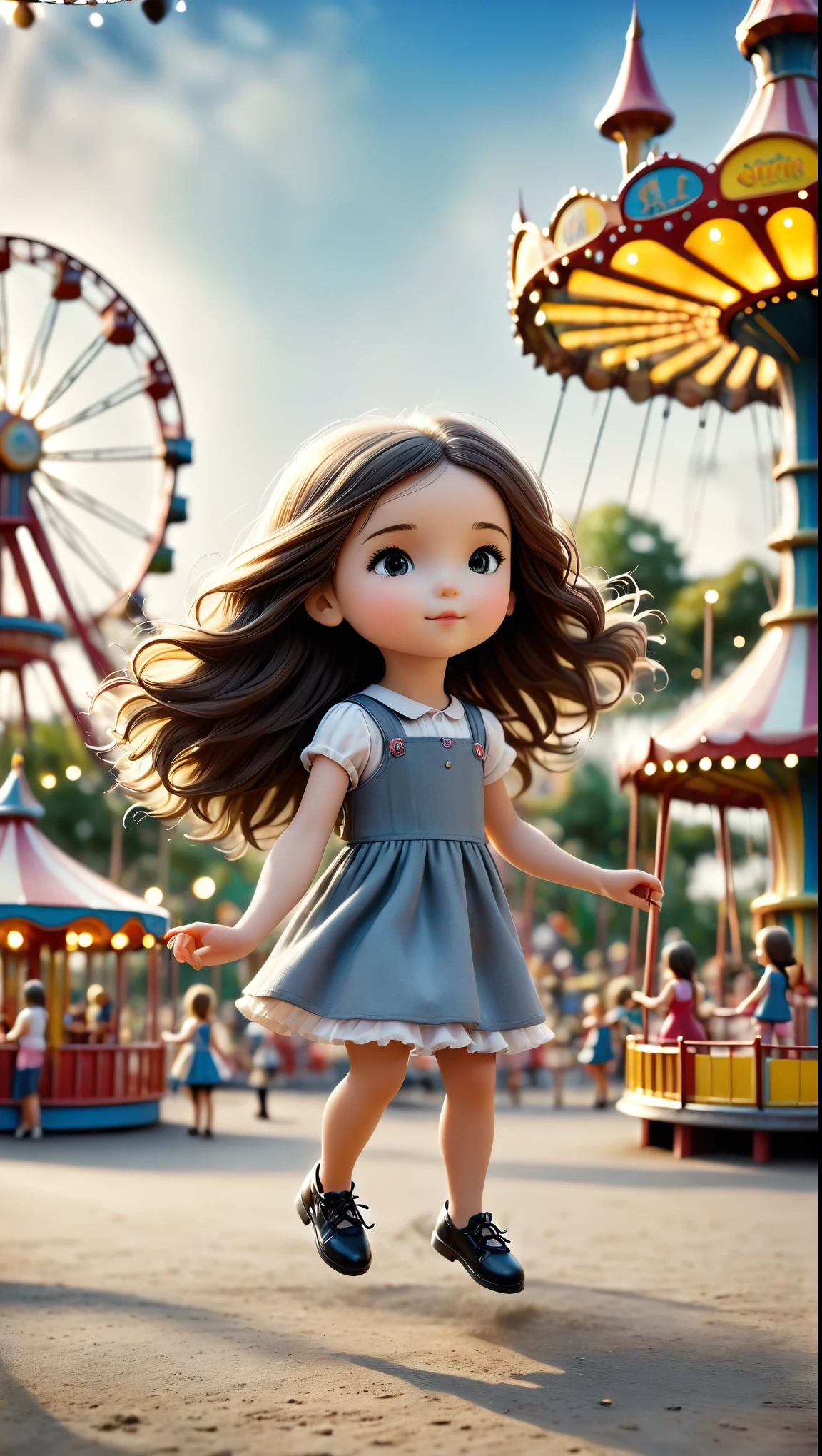  most original animated illustration  , miniature photograph ,  a girl playing with a miniature amusement park,  focusing attention on the amusement park ,   blurred in the background , Uhigh definition,  masterpiece, necessary, High details, High quality, Award Winner,  The best quality , highres, high definition, 16K