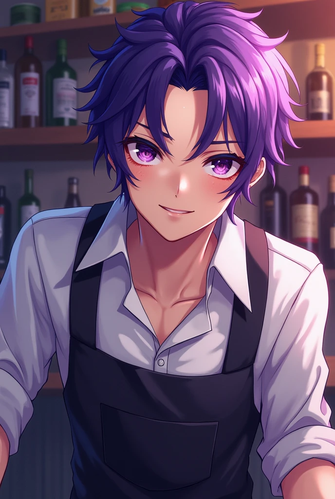masterpiece、highest quality、High resolution、Very detailed、Medium wide shot、 Man、bartender、Bar counter、Stylish bar、Smiling、Purple hair、Golden pupil、Male、